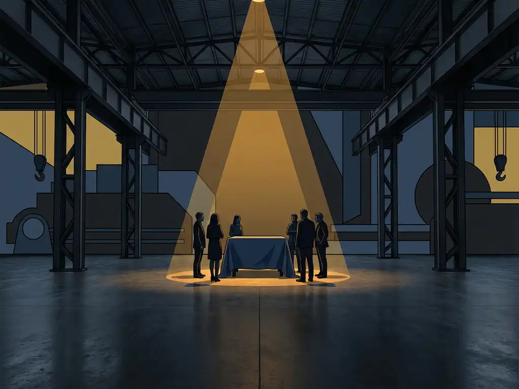 Productpresentatie op minimalistische podium in industriële hal met stalen balken, toeschouwers rond afgedekt tafel, warme amberverlichting.