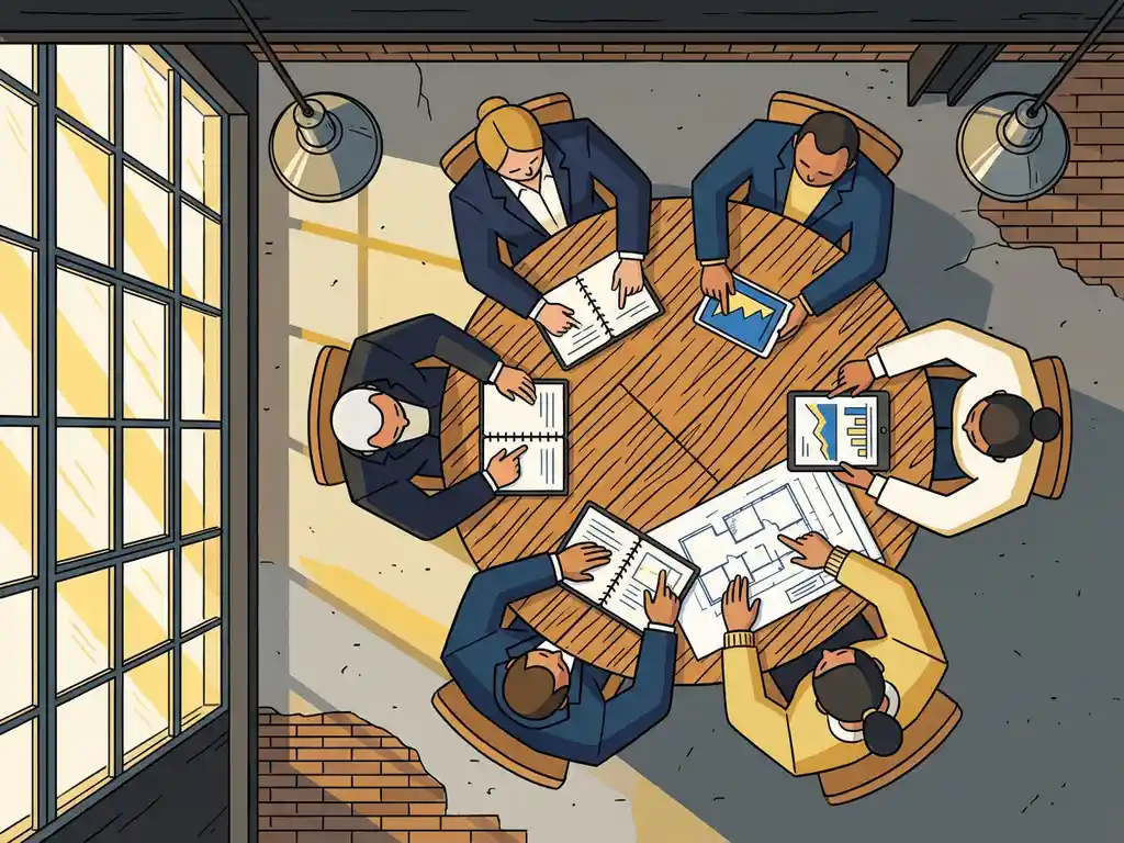 Professionals vergaderen rond een verweerde houten tafel in een lichte, industriële fabrieksruimte met bakstenen muren en stalen ramen.