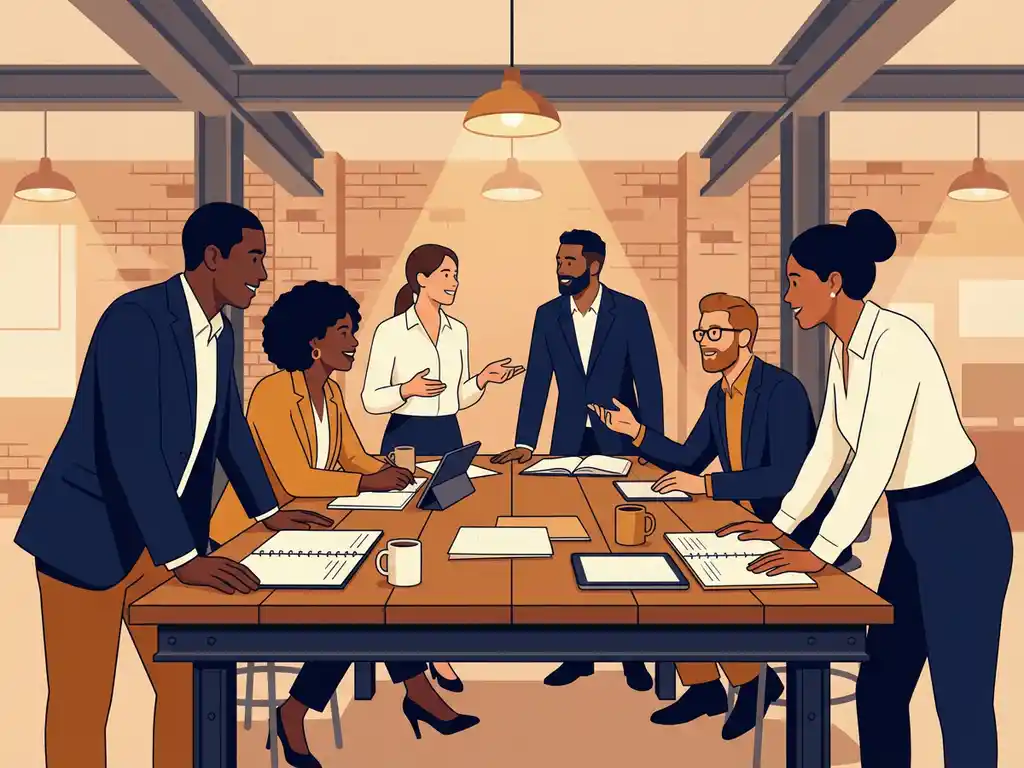 Diverse groep professionals in levendig gesprek rond een houten tafel in een industriële ruimte met bakstenen muren en stalen balken.