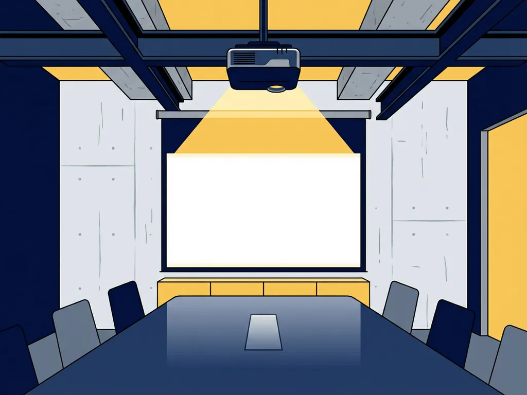 Projector aan industrieel plafond verlicht een groot scherm in een moderne vergaderruimte met betonnen muren en stalen balken.