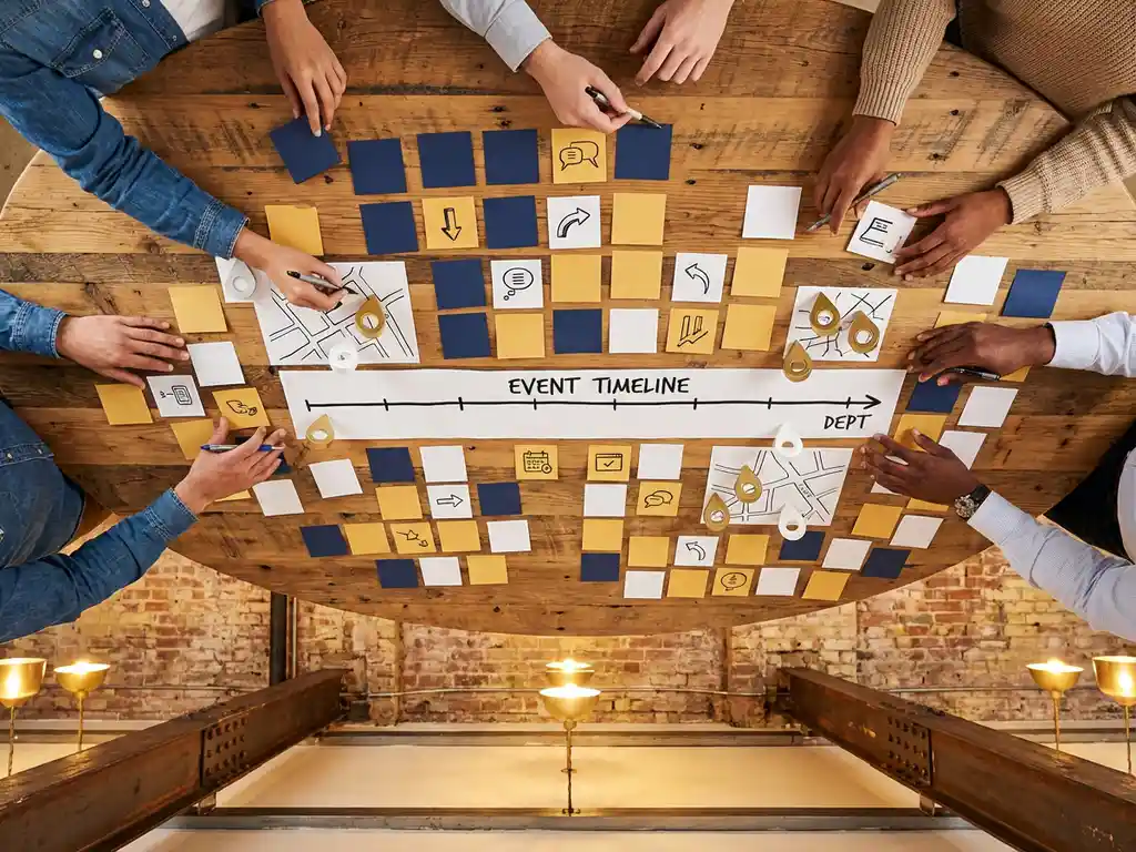 Bovenaanzicht van een ronde houten tafel met sticky notes, stadsmarkeringen en een tijdlijn, omringd door diverse handen die samenwerken.