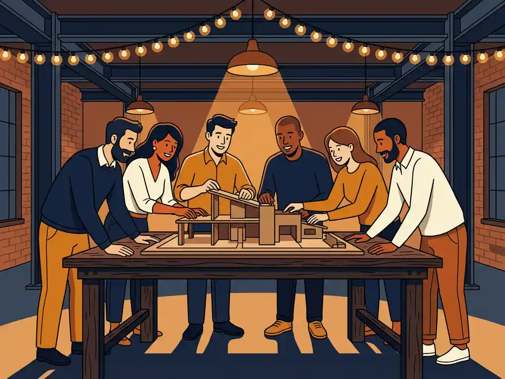Diverse collega's lachen en werken samen aan een houten tafel in een industriële ruimte met bakstenen muren en sfeerlichten.
