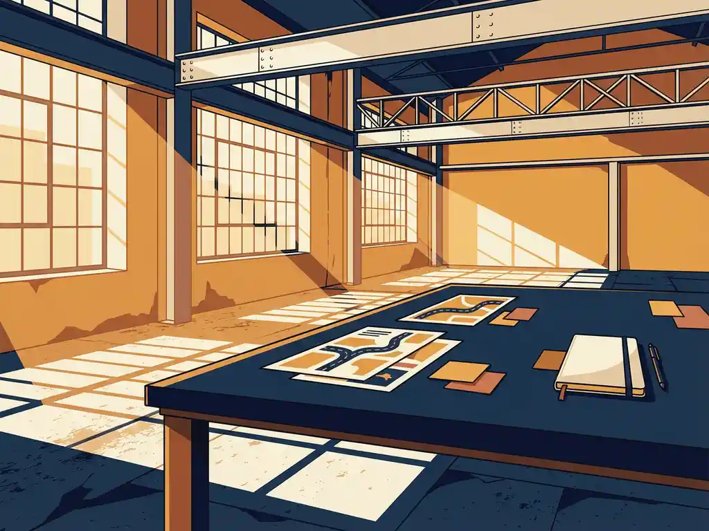 Vergadertafel met strategische planningsdocumenten, plakbriefjes en notitieboek in industriële hal met stalen balken en goudkleurig middaglicht.