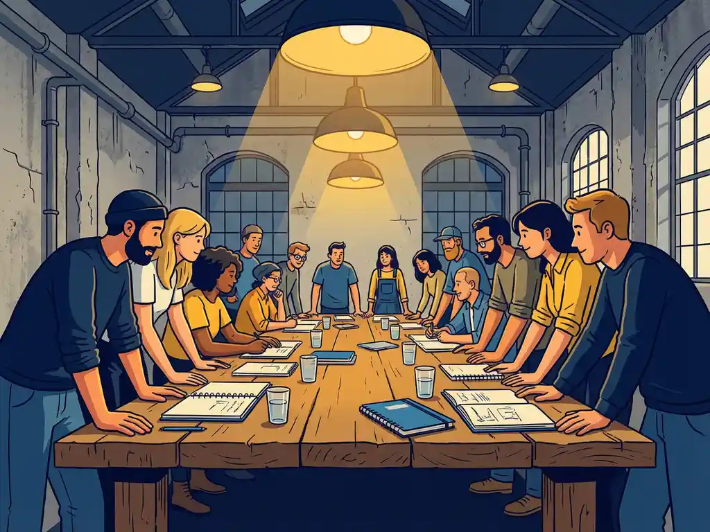 Groot team rond een lange houten tafel in een industriële ruimte met betonnen muren en warme hanglampen, open notitieboeken en glazen water.