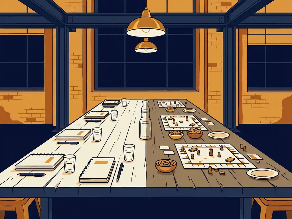 Lange industriële houten tafel met notitieboekjes en waterglazen aan één kant en bordspellen en snackschalen aan de andere kant, warme bakstenen muren.
