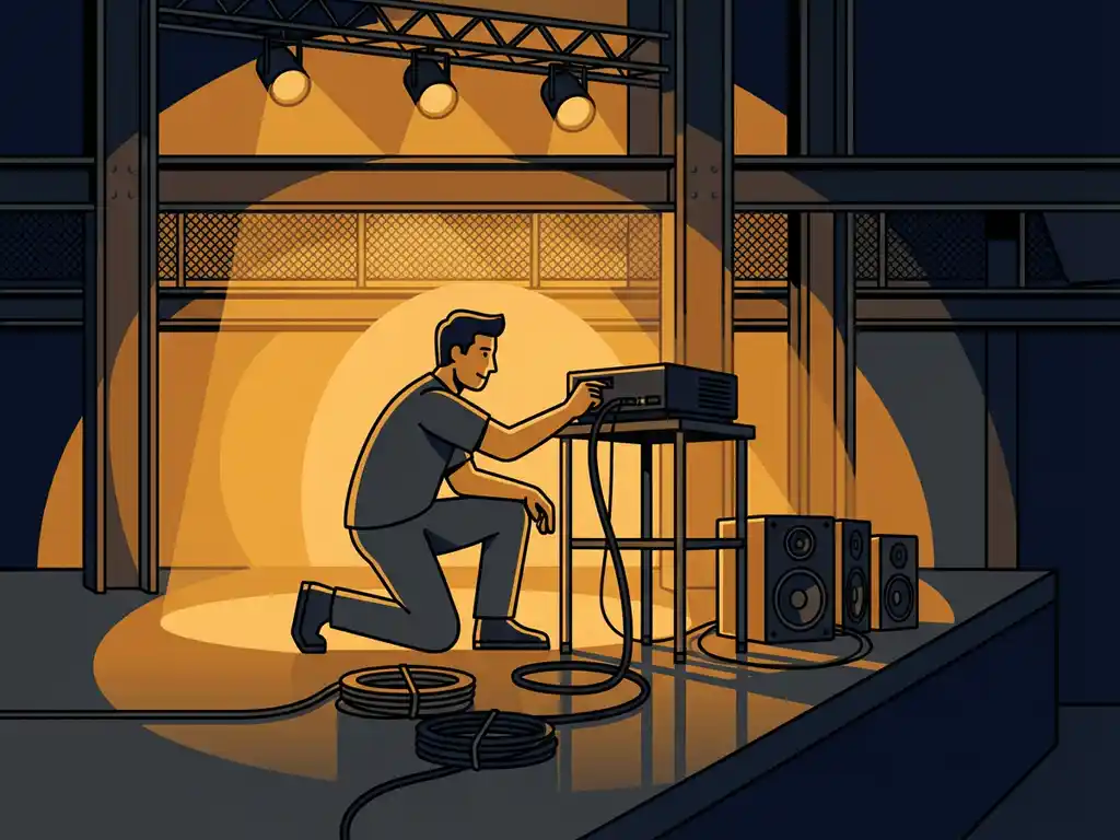 Technicus installeert projector en audioapparatuur op industrieel podium met warme spotverlichting en georganiseerde kabels.