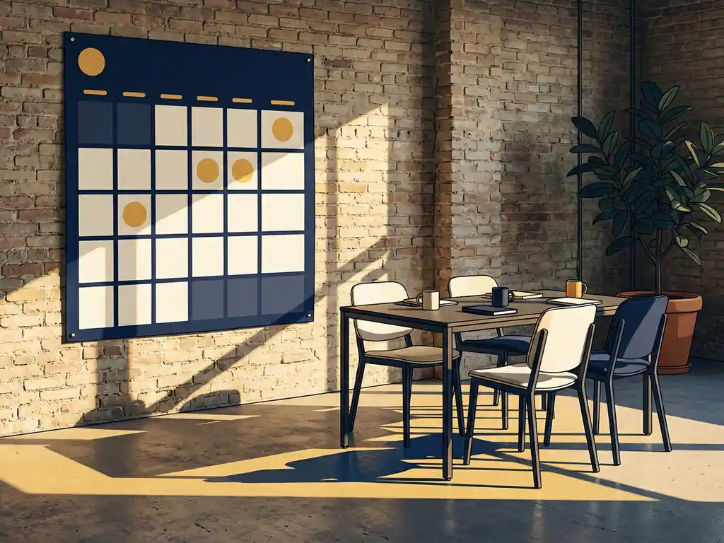 Terugkerende kalender aan bakstenen muur naast minimalistische vergadertafel, warm middaglicht op betonnen vloer, groene plant als accent.