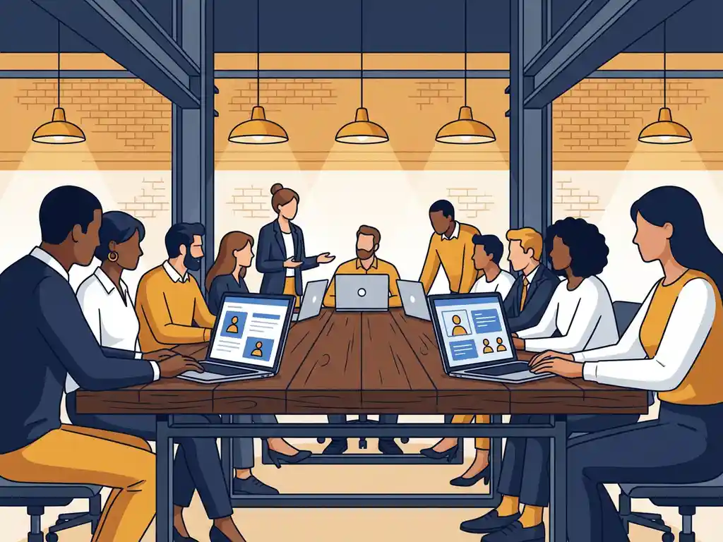 Diverse collega's rond een industriële vergadertafel met laptops, bakstenen muren en stalen balken, in warm verlichte ruimte.