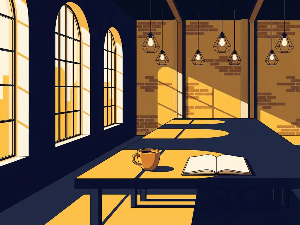 Vergadertafel met koffiekop en notitieboek in industriële ruimte met bakstenen muur en warm middaglicht.