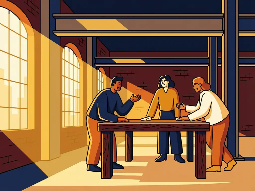 Professionals vergaderen rond een houten tafel in een industriële loft met bakstenen muren, stalen balken en warm goudgeel licht.