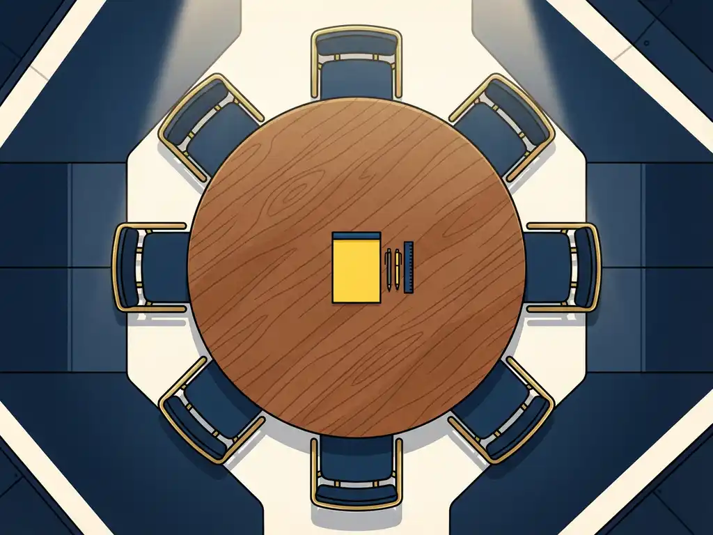 Bovenaanzicht van een ronde houten vergadertafel met lege stoelen, geel notitieboek en kantoorbenodigdheden in een industriële ruimte.
