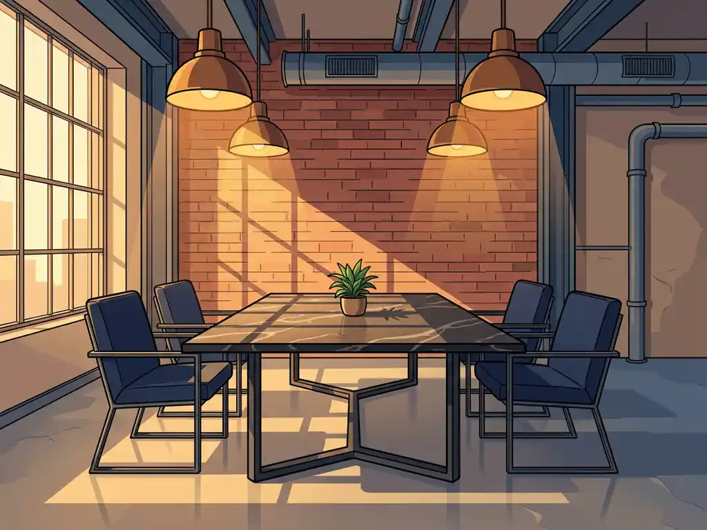 Vergadertafel met designerstoelen in industriële ruimte met bakstenen muren, hanglampen en groot raam met middaglicht.