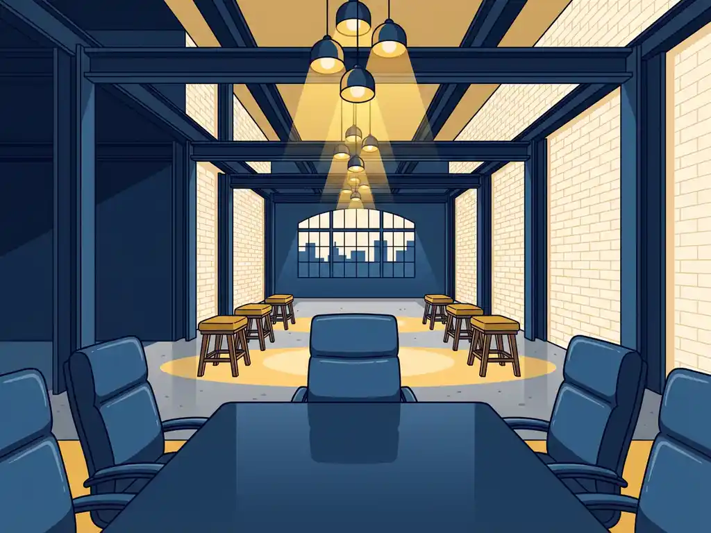 Formele vergaderruimte met leren stoelen naast industriële loft met houten krukken, stalen balken en amberkleurige hanglampen.