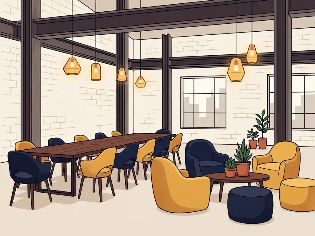 Vergaderruimte met houten tafel en loungestoelen in industriële hal met stalen balken, hanglampen en planten.