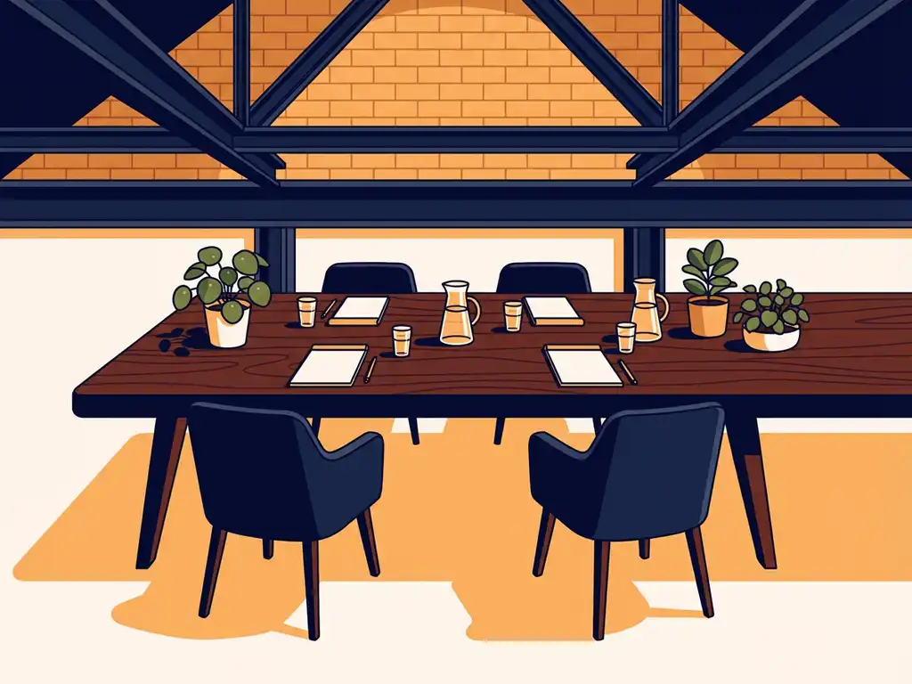 Vergadertafel met glaswerk en stationery in industrieel interieur met bakstenen muren, stalen balken en weelderige planten.