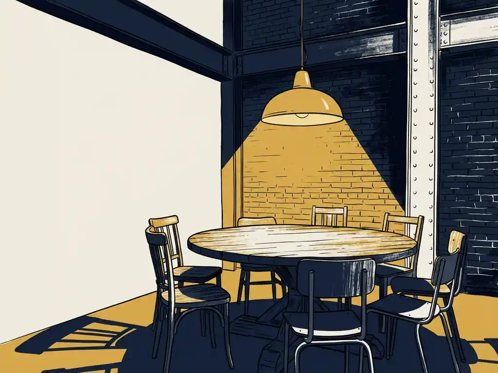 Ronde houten vergadertafel met diverse stoelen in een industriële loft met bakstenen muren en stalen balken, verlicht door een hanglamp.