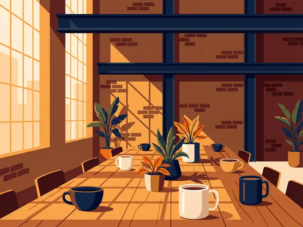 Lange vergadertafel in industriële hal met gouden middaglicht, koffiekopjes en planten, bakstenen muren en stalen balken.