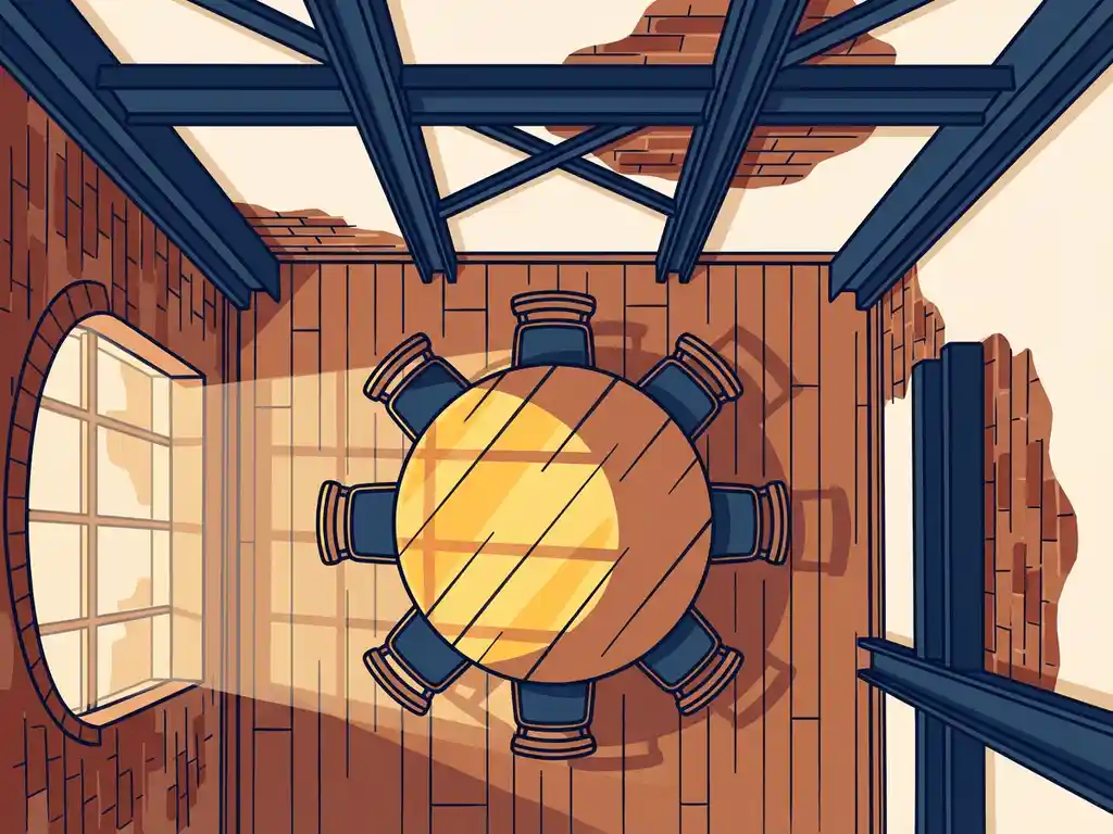 Ronde vergadertafel met lege stoelen in een industriële loft met bakstenen muren, stalen balken en warm goudkleurig licht.