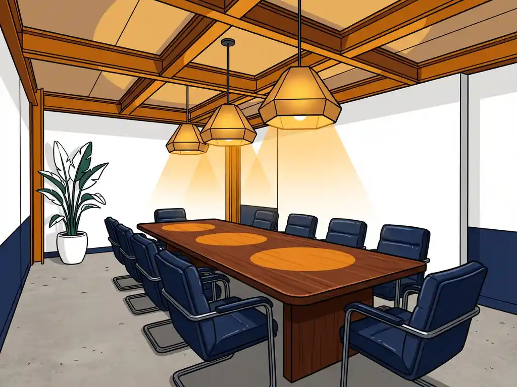 Vergadertafel in industriële boardroom met leren stoelen, stalen balken, warme hanglampen en een architectonische plant.