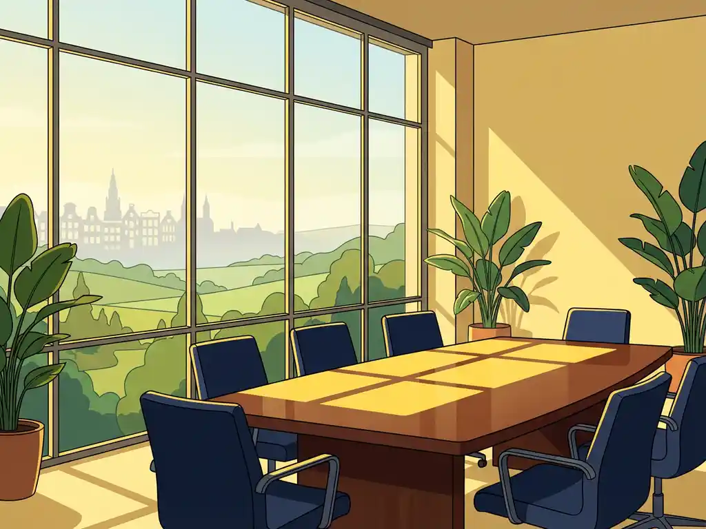 Zonnige vergaderzaal met industriële raampartij, houten tafel en moderne stoelen, met zicht op groen landschap en vage Amsterdamse skyline.