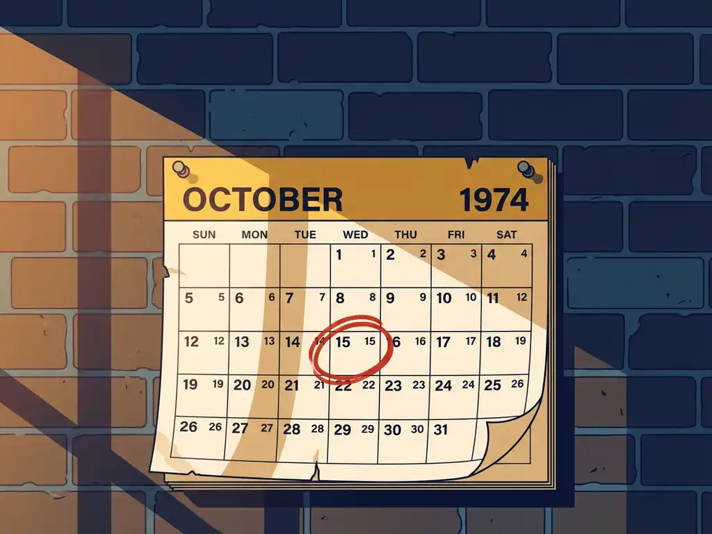 Vintage wandkalender op verweerde bakstenen muur met omgekrulde paginahoeken en één omcirkelde datum in warm amberkleurig licht.