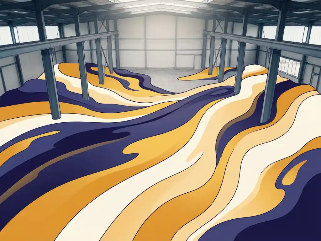 Abstracte vloeiende kleursgolven in marineblauw, goudgeel en wit over een industriële ruimte, symbool voor balans tussen focus en rust.