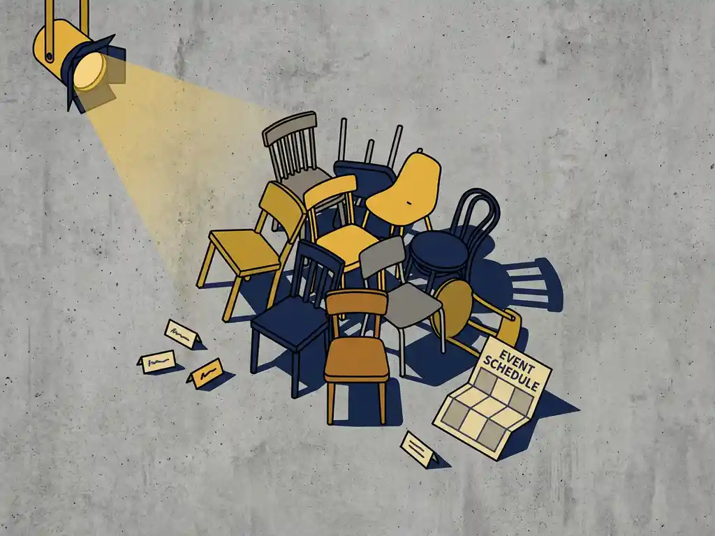 Warboel van niet-matchende stoelen, scheve naamkaartjes en omgevallen agenda op betonvloer, verlicht door één spotlight.