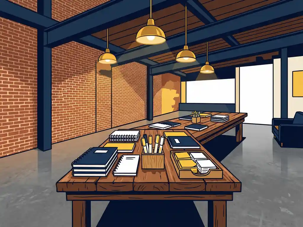 Workshopruimte met industrieel interieur, houten tafel vol notitieboekjes, markers en sticky notes, bakstenen muren en stalen balken.