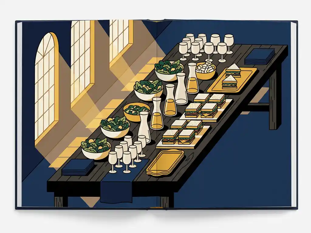 Bovenaanzicht van een zakelijke cateringtafel met seizoenssalades, ambachtelijke sandwiches en elegant glaswerk in warm natuurlijk licht.