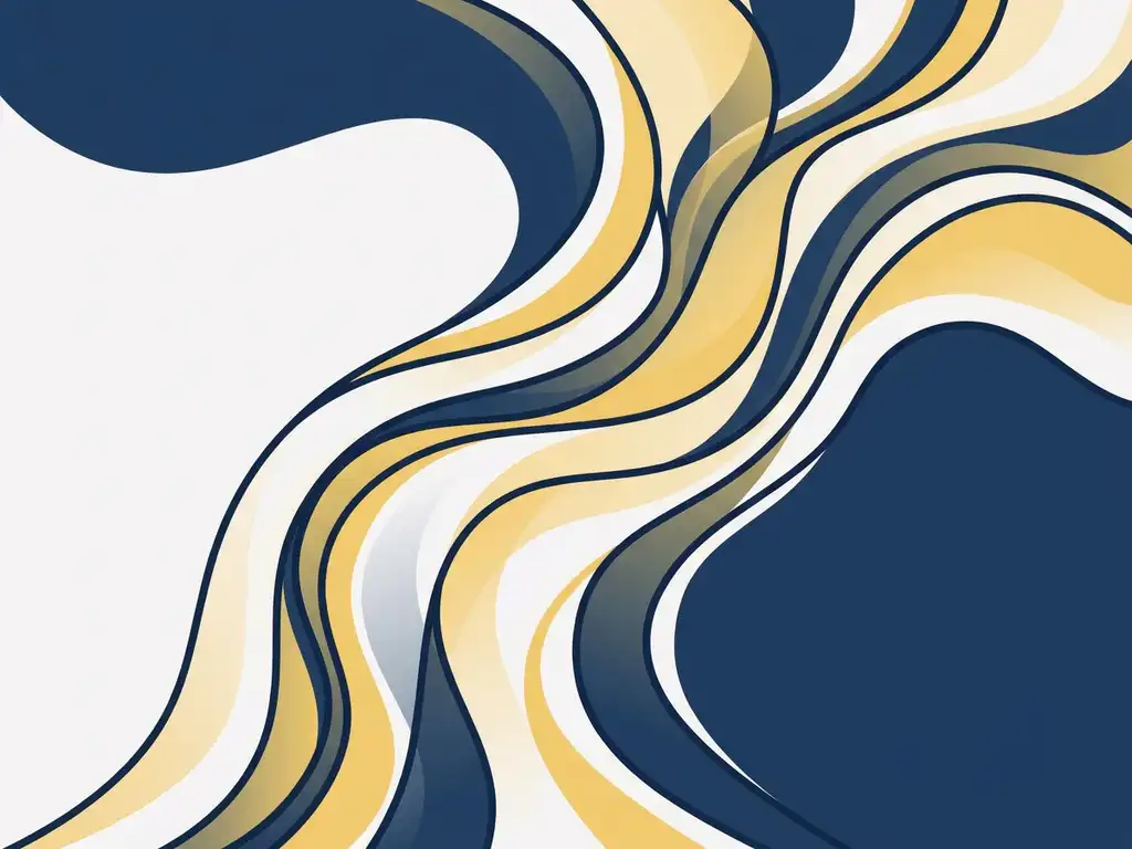 Abstracte vloeiende golven van bovenaf, met zachte kleurovergangen in marineblauw, warm geel en wit.