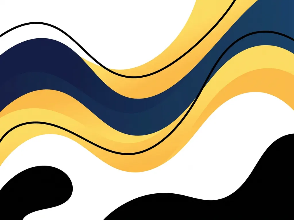 Abstracte golven in marineblauw en warm geel vloeien vloeiend samen op een wit vlak, minimalistische vectorillustratie.