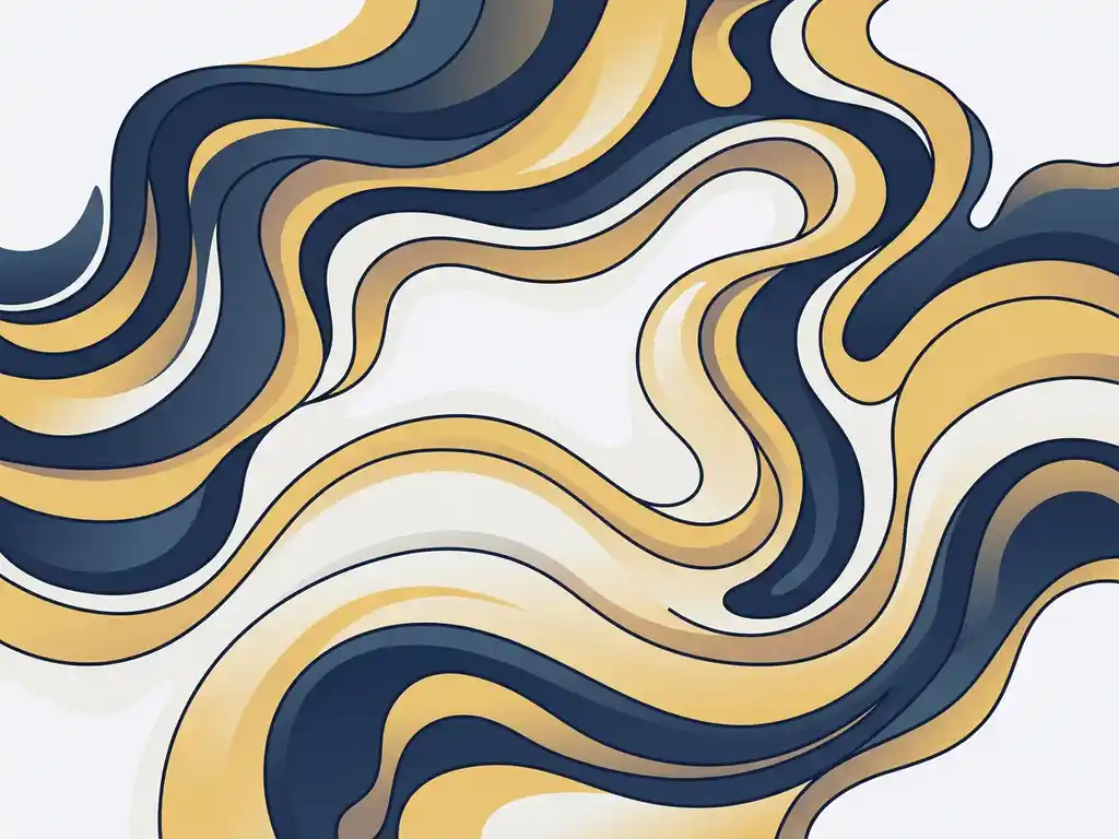 Abstracte golvende vormen van bovenaf, vloeiende kleurovergangen in marineblauw, goudgeel en wit.