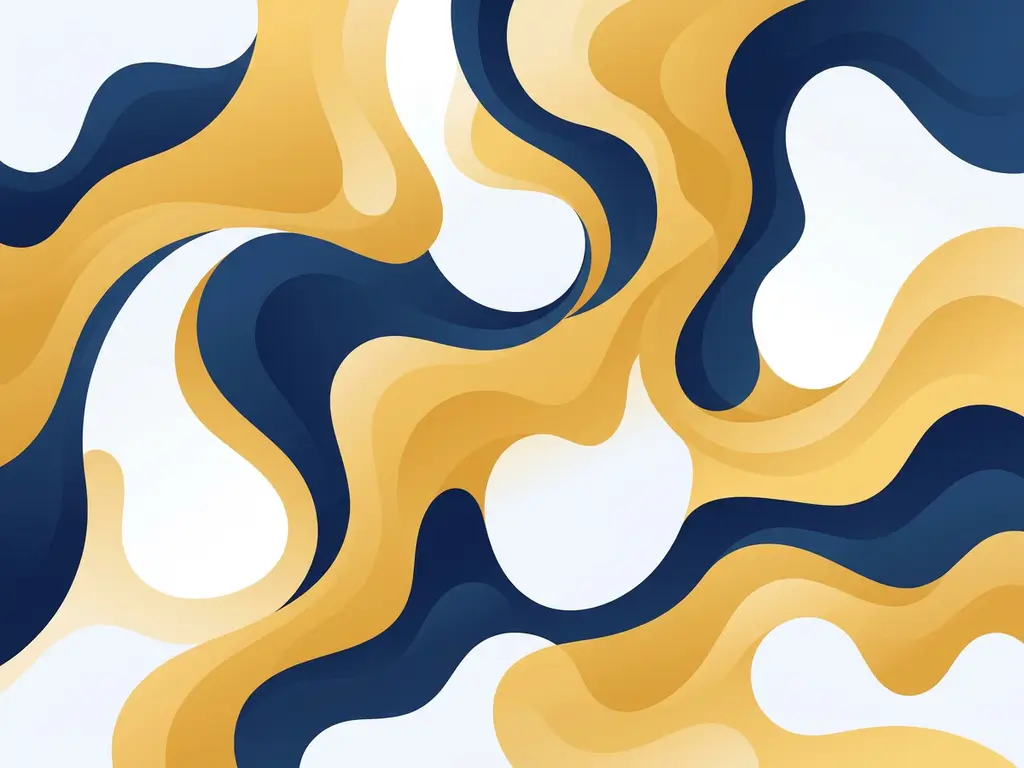 Abstracte vloeiende golven in donkerblauw en goudgeel, gezien van bovenaf, met zachte overgangen naar wit.