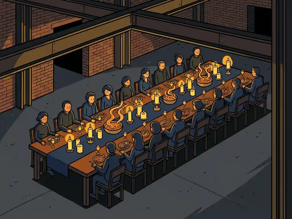 Lang communautaire tafel feestelijk gedekt voor een congresdiner in industriële zaal met bakstenen muren en kaarslicht.