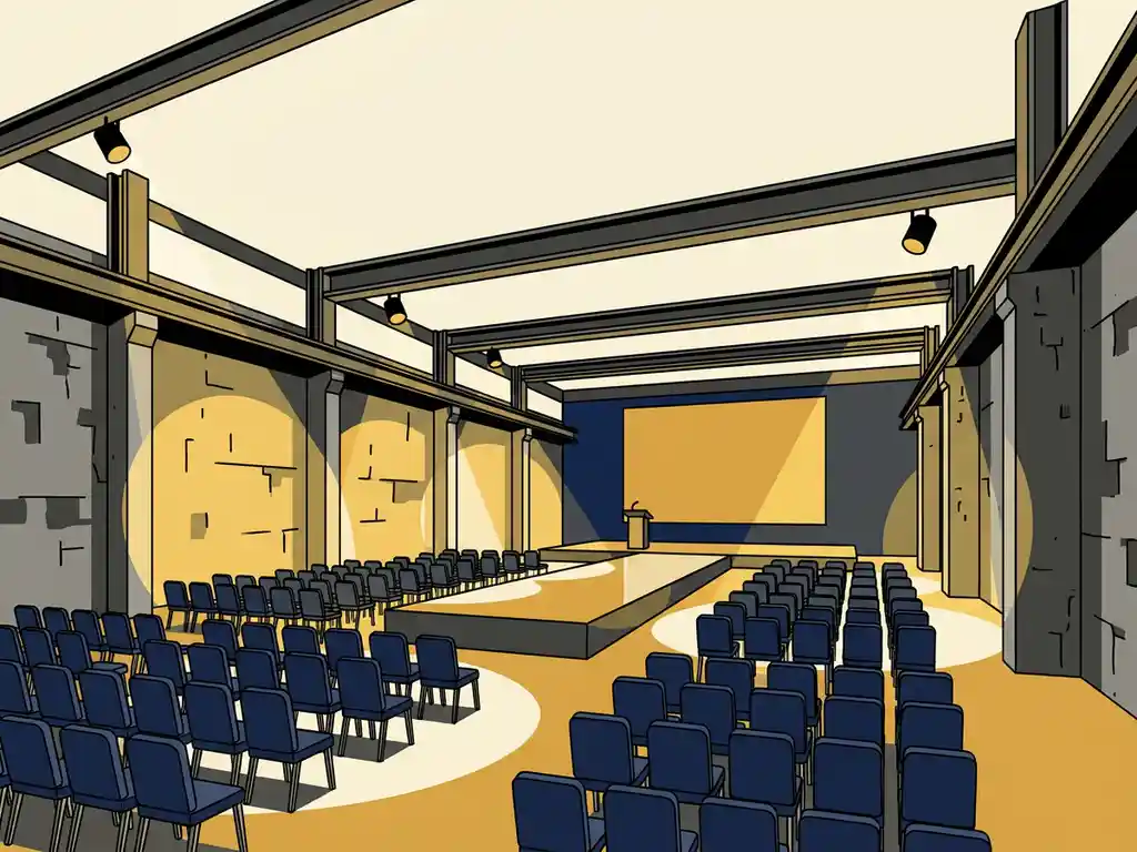 Industriële congreszaal met stalen dakbalken, amberkleurige spotlights boven elegante stoelrijen en een modern podium tegen betonnen muren.
