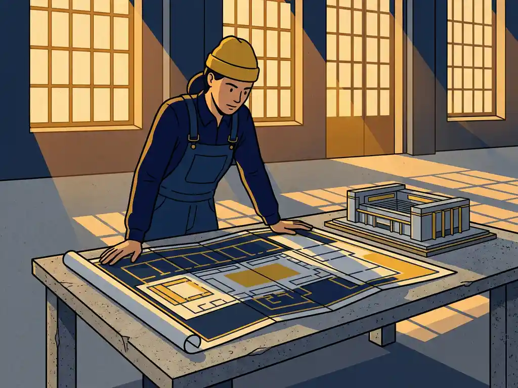 Eerste keer evenementenorganisator bestudeert plattegrond van industriële locatie op betonnen tafel, met schaalmodel van conferentiezaal in warm amberkleurig licht.