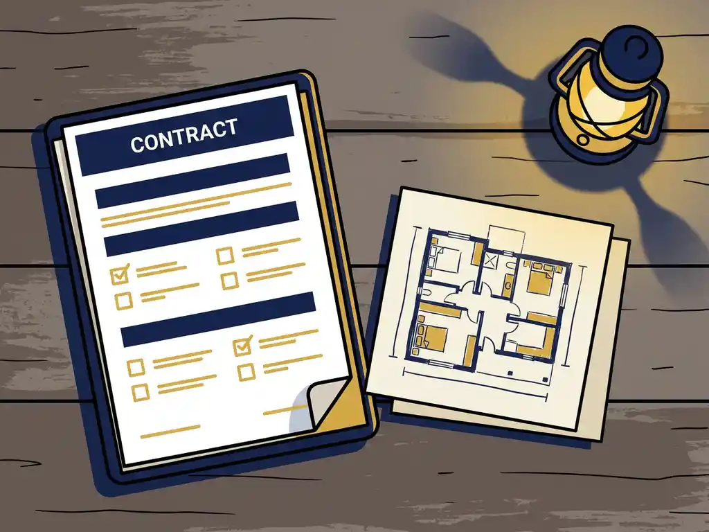 Gedetailleerd evenementencontract en checklist op een verweerd houten tafel, met een plattegrond van een locatie en kaarslicht.