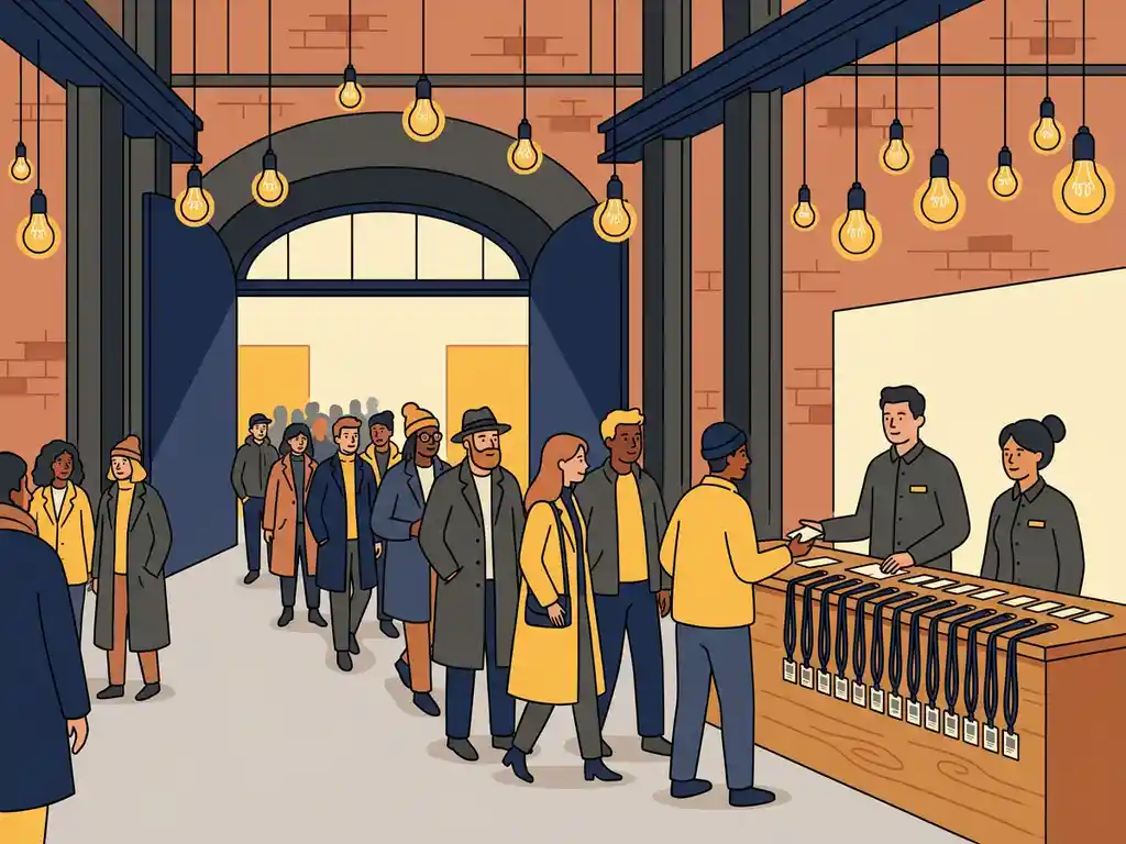 Bezoekers staan in rij bij een bemande ontvangstbalie met lanyards en naambadges in een industriële evenementenhal met bakstenen muren.