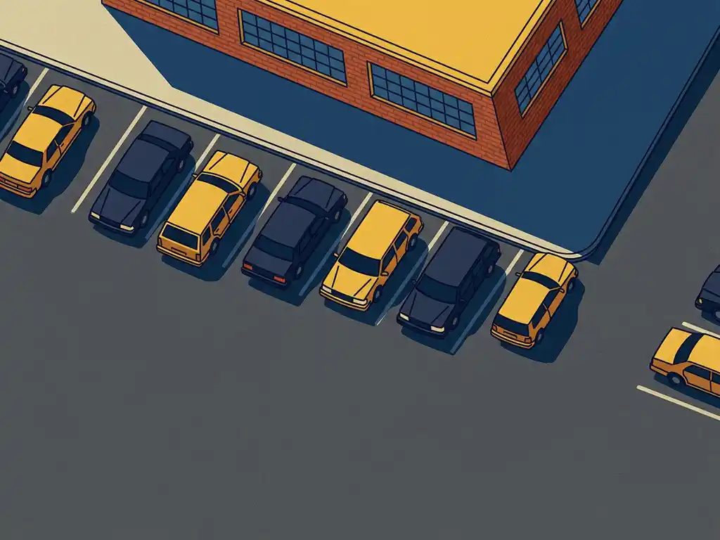 Vogelperspectief van geparkeerde auto's op een industrieel bedrijfsterrein bij een bakstenen fabrieksgebouw in gouden middaglicht.
