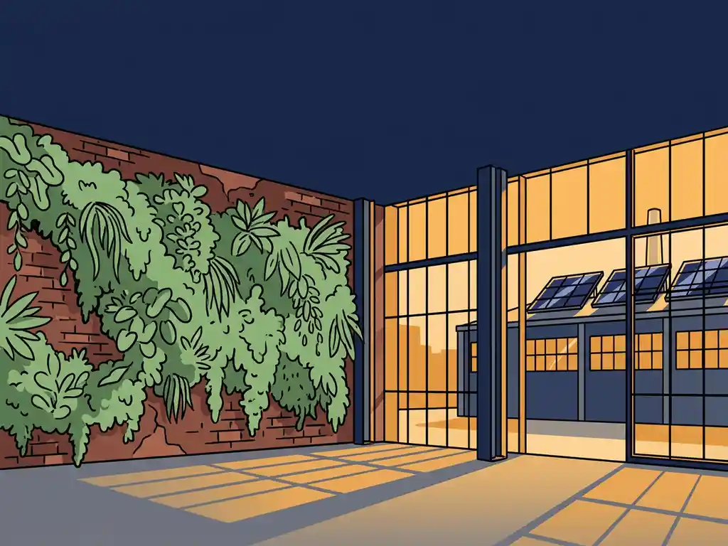 Groene plantenmuur op industriële bakstenen gevel met zonnepanelen op fabrieksdak in warm middaglicht.