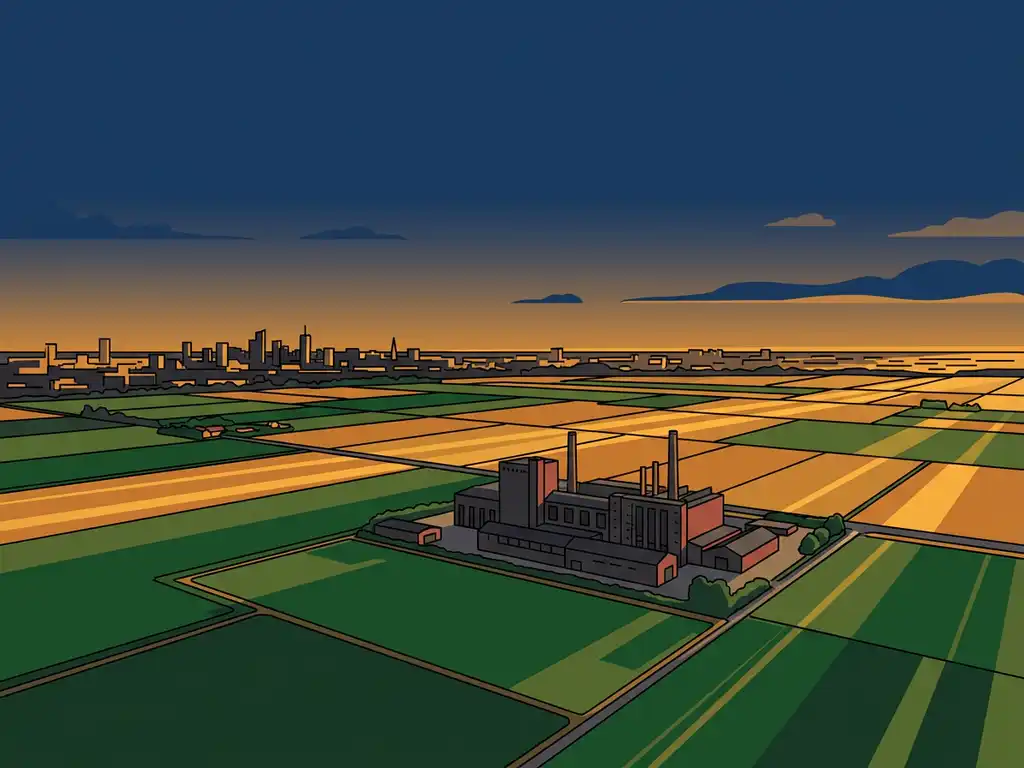 Industrieel bakstenen evenementenlocatie in het Nederlandse polderlandschap met gouden avondlicht en donkerblauwe lucht.
