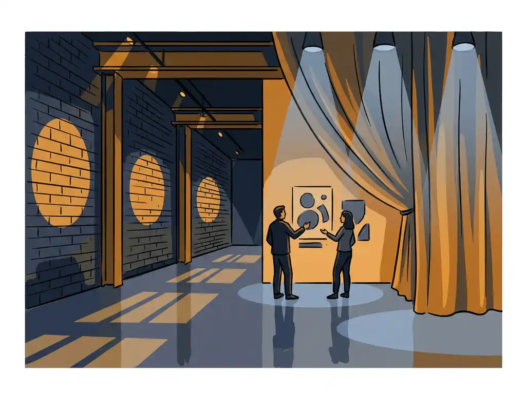 Industriële bakstenen muur naast elegante gedrapeerde stof in evenementenruimte met stalen balken, betonvloer en warm amber spotlights.