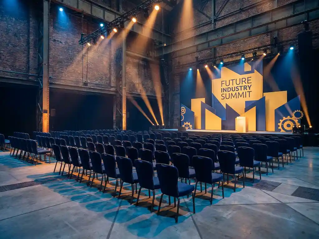 Industriële conferentiezaal met rijen elegante stoelen gericht op een verlicht podium, bakstenen muren en stalen balken in amber en marineblauw licht.