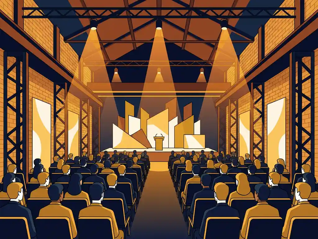 Industriële congreshal met amberkleurige spotlights boven rijen publiek gericht op een elegant podium, stalen balken en bakstenen muren op de achtergrond.