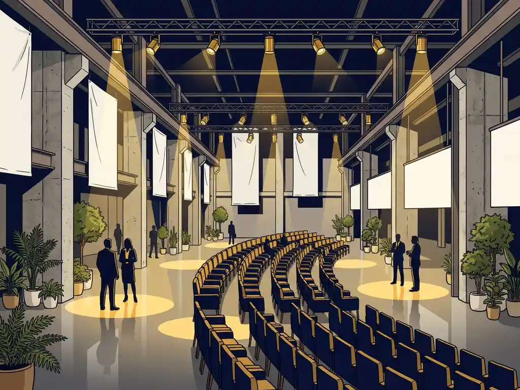 Industriële congreshal met stalen balken, betonnen wanden, elegante stoelrijen en weelderig groen onder warme gouden spotlights.