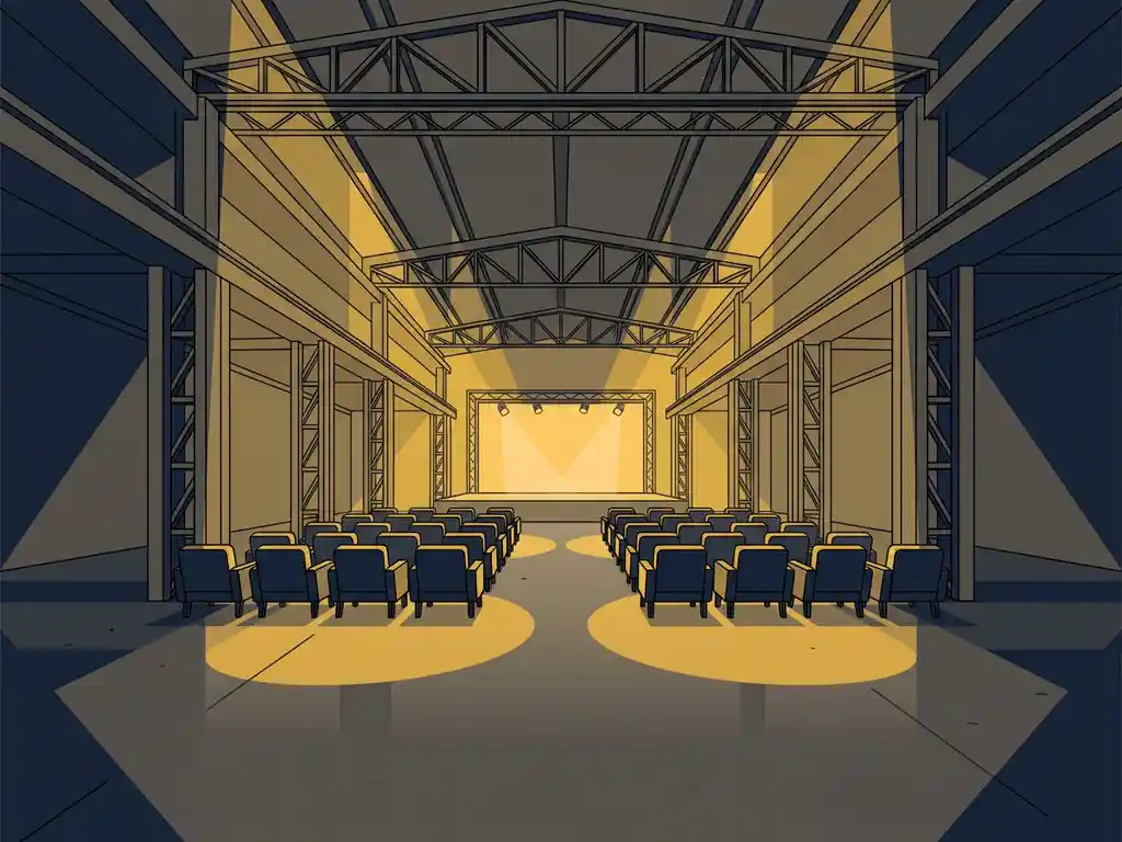 Industriële congreshal met rijen elegante stoelen voor een verlicht podium, stalen dakbalken en warme amberkleurige spotlights.