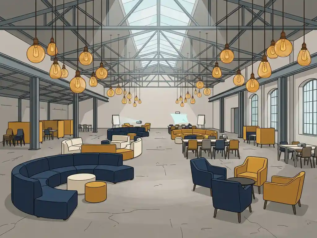 Industriële evenementenhal met co-workingruimte, amberkleurige hanglampen boven betonvloer, modulaire meubels in marineblauw en warm geel.