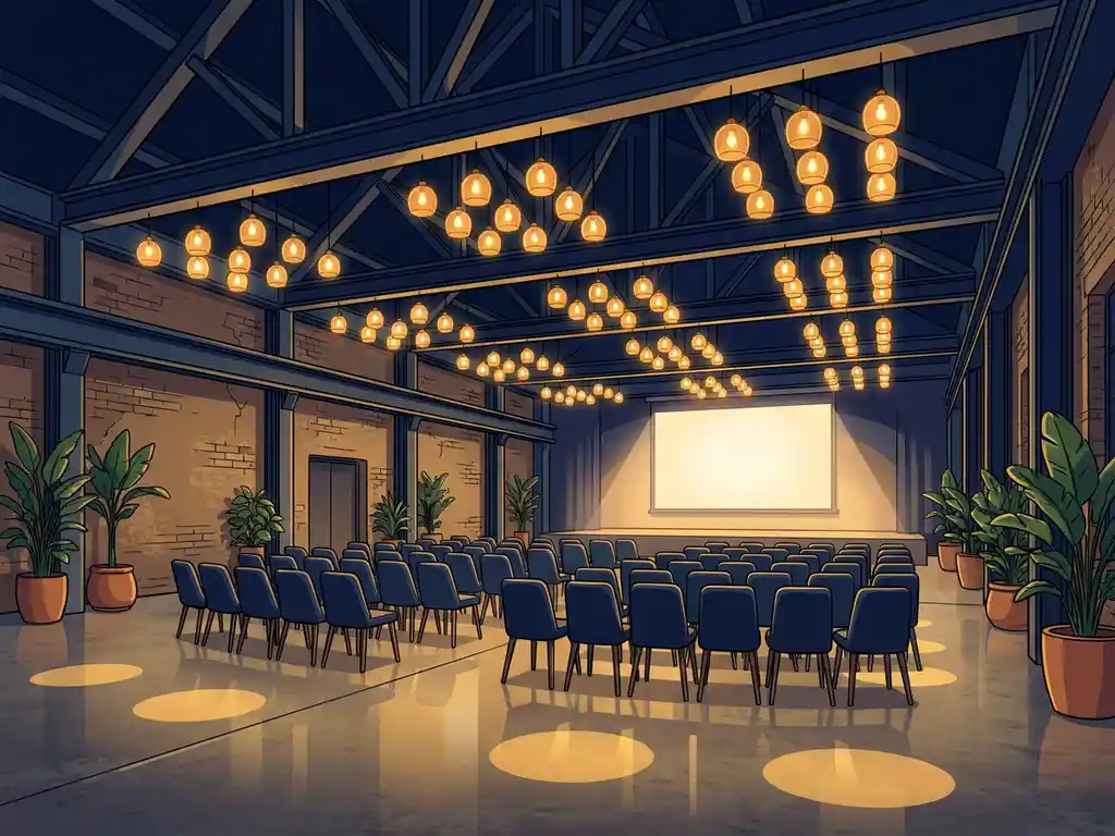 Industriële evenementenhal met stalen balken, amber hanglampen boven stoelrijen en een verlicht podium, groene planten tegen bakstenen muren.