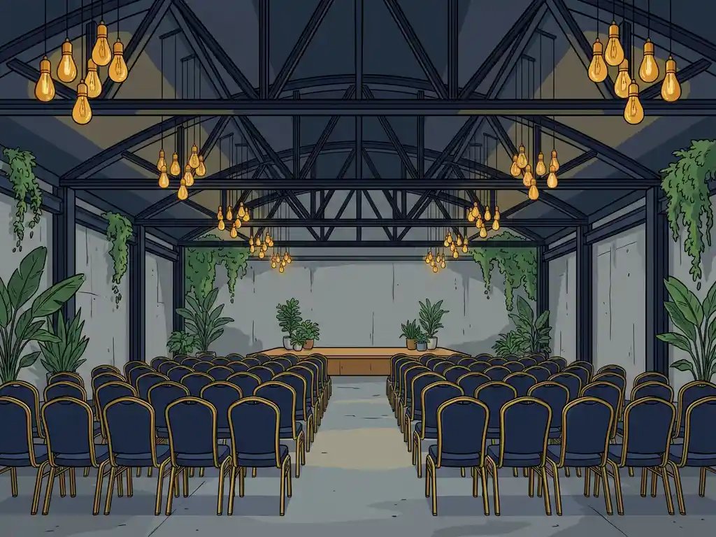 Industriële evenementenhal met stalen balken, Edison-verlichting en stoelrijen voor een minimalistisch podium, versierd met groen.