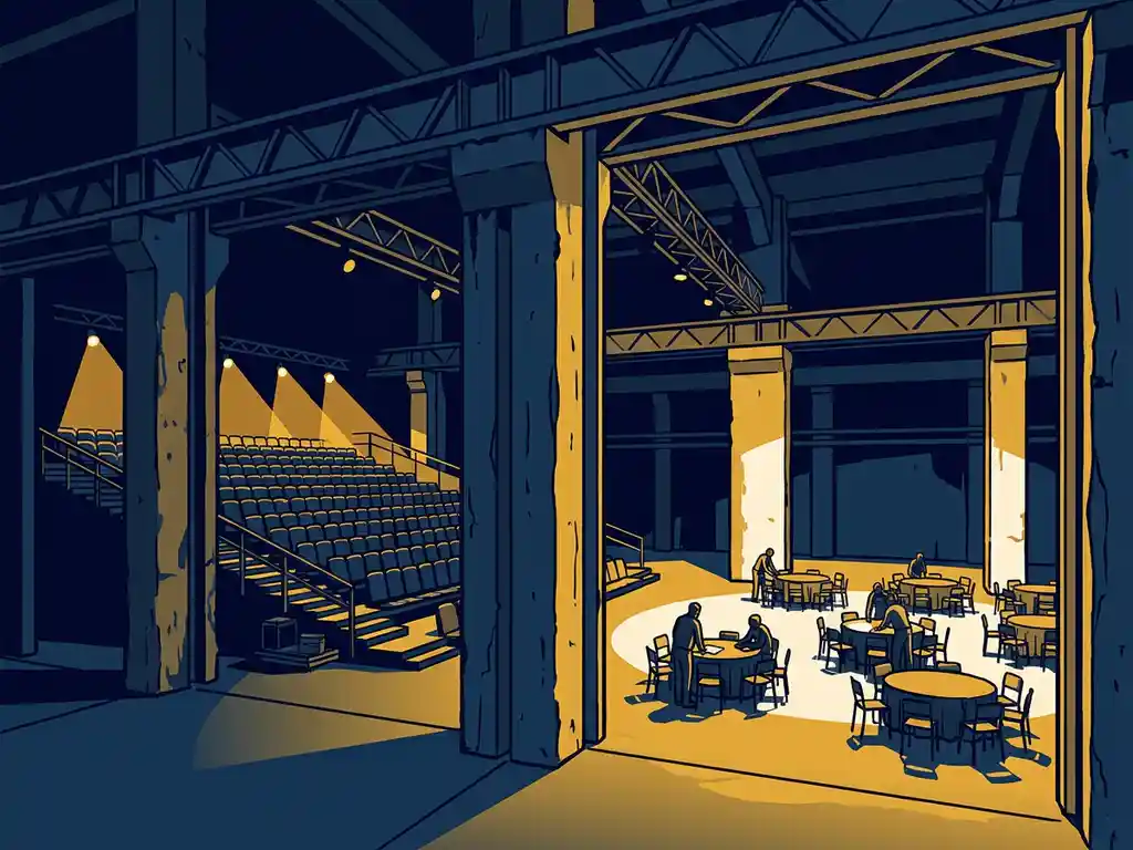 Industriële evenementenhal met plenaire opstelling die overgaat in workshophoeken, amberkleurige spotlights op glanzende vloer.